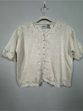 Bentley Vintage Embroidered Cardigan Sweater Pearl Button Short Sleeve Size M